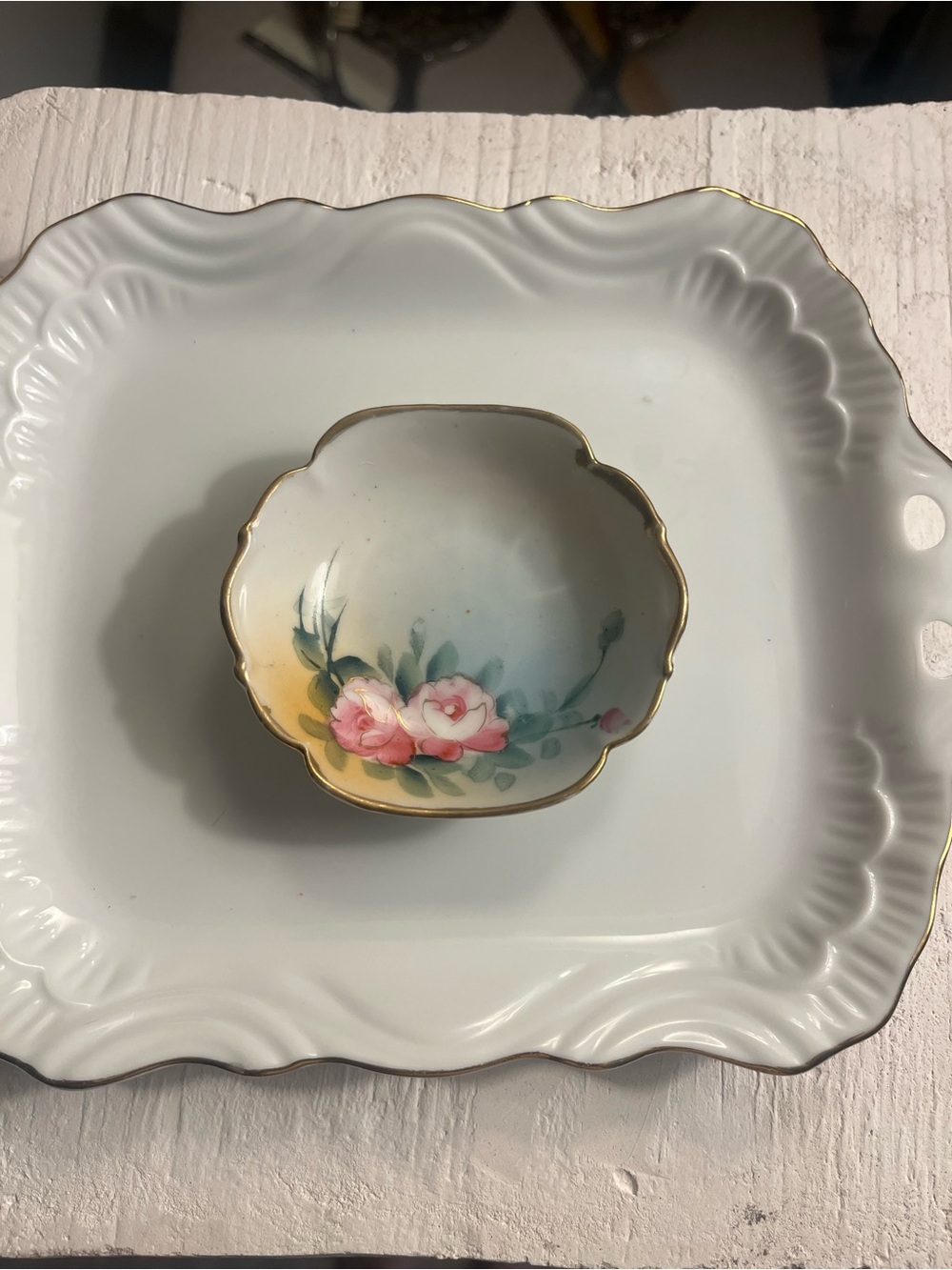 Hand-Painted Pink Rose Porcelain Trinket Dish with Gold Trim - Stamped Nippon